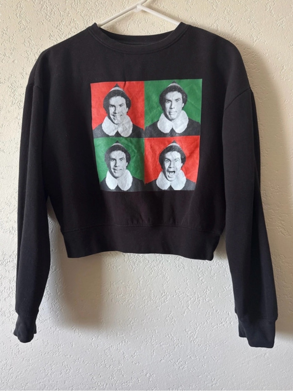 ELF Black Crewneck Sweatshirt with Red & Green Pop-Art Panels